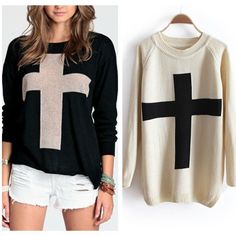 Cross Open Knit Sweater, Cross Sweater, Cross Symbol, Casual Knitwear, Buy Sweaters, Women Sweaters Winter, White Cross, Long Sleeve Knit Sweaters, Loose Sweater