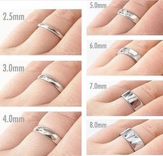 four different types of wedding rings on someone's finger, showing the size and width