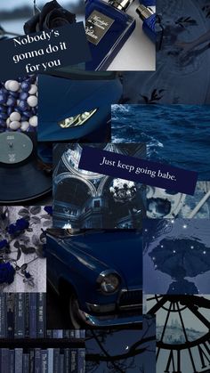 a collage of blue and black images with text