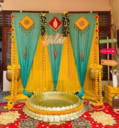 #new #ideas #elegant #design #decoration #setup #indianweddings #wedding #haldi #different #trending #yellow #pinterest #follow Easy Haldi Decoration At Home, Simple Haldi Decoration Ideas, Haldi Setup Decor, Haldi Decoration At Home, Haldi Stage Decoration, Haldi Stage, Haldi Ideas, Stage Decoration Ideas