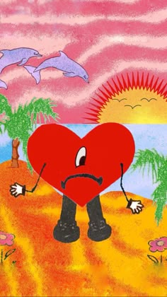 a drawing of a heart with arms and legs in front of palm trees, birds and dolphins