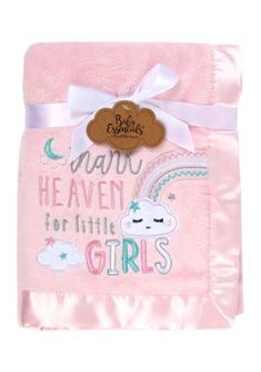 Super soft and finished with a loving message, this cozy blanket from Baby Essentials is perfect for your baby girl. | Baby Essentials Baby Girls Thank Heaven Blanket, Pink Motif Blanket, Clothes Guide, Plush Baby Blankets, Be Thankful, Swaddle Blanket, Baby Essentials, Baby Products, Baby Bed, Cozy Blankets