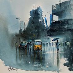 a painting of people walking in the rain with umbrellas