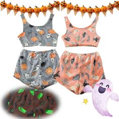 three halloween costumes are displayed on a white background with pumpkins and ghost bunnies