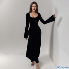 Orcajump - Chic and Sleek Fitted Square Neck Dress with Flattering Flare Design Basic Black Dress, Square Neck Dress, Closet Goals, Basic Dress, Skirt Type, Types Of Skirts, Line Design, Flared Sleeves, Types Of Collars