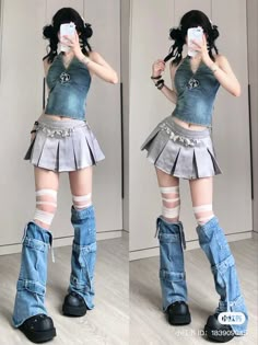 Waving Anime Pose, Woman Full Body Reference Pose, Cute Outfit Reference, Y2k Blue Outfit, Blue Y2k Outfit, Kpop Fashion Outfits