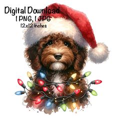 a dog wearing a santa hat with christmas lights on it's chest and the words digital