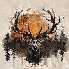 a painting of a deer with antlers on it's head and trees in the background