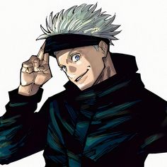 an anime character with white hair wearing a black coat and holding his hand up to his head