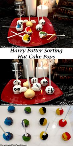 harry potter sorting hat cake pops on a red platter with candles in the background