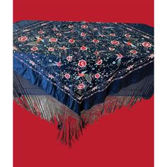 Antique Piano Shawl. An adundance of beautiful hand-embroidery work with hand knotted border ending in long silk fringe.  Floral motif showcases a brightly colored border of pink daisies with blue centers and leaves. Interior displays three-tone red peonies and three tone orange lilies with blue centers. Further accents of leaves and berries with emerging buds in reds, pinks, and blues.   The detail in this artistry is magnificent. Quality planned composition and color.  Not to be outdone are th Orange Lilies, Antique Piano, Piano Shawl, Pink Daisies, Red Peonies, Interior Display, Pink Daisy, Embroidery Work, Beautiful Hand