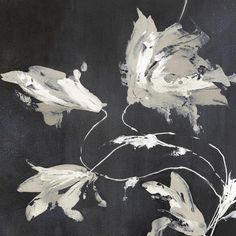 an abstract painting with white flowers on a black background