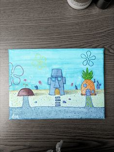 Watercolor painting of Bikini Bottom Conch St. from Spongebob featuring Patricks rock, Squidwards house, and Spongebob's pineapple. Spongebob Watercolor, Sponge Bob Painting Canvas, Spongebob Painting, Spongebob Drawings, Cute Easy Paintings, Abstract Art Painting Diy