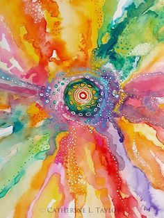 an abstract painting with lots of different colors and designs on it, including circles in the center