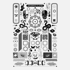 the back side of a black and white poster with many different designs on it, including skulls