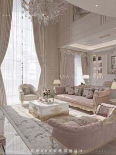 a living room filled with furniture and a chandelier