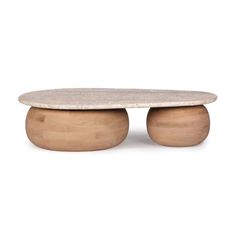 an oval table with two wooden legs and a stone tabletop on the top, against a white background