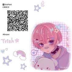 a girl with pink hair holding a teddy bear in front of a qr code