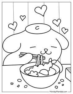 a cartoon bear eating food from a bowl with hearts hanging above it and the words happy valentine