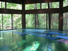 yoga mats are laid out on the floor in front of large windows with trees outside