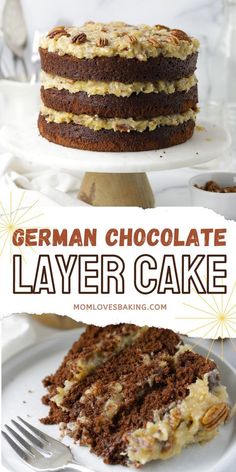 german chocolate layer cake on a white plate with the title overlay reads, german chocolate layer cake