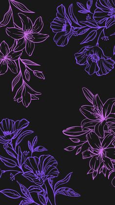 purple flowers are on a black background with pink outlines in the bottom right corner