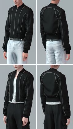 four different views of a man's black jacket with white stitching on the sleeves