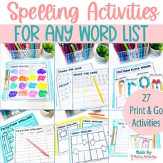 the print and go spelling activities for any word list is shown with text overlay