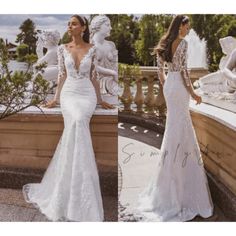 two women in wedding dresses standing next to each other and one is wearing an open back dress