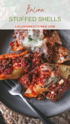 a plate with stuffed shells on it and the words italian stuffed shells overlayed