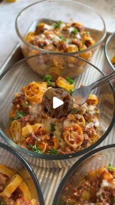 four glass bowls filled with pasta and meat