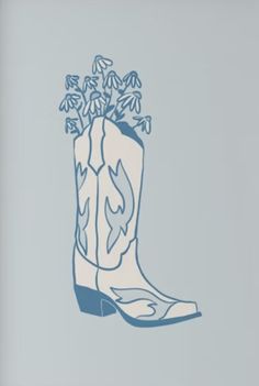 a drawing of a cowboy boot with flowers in it's boot, against a blue background