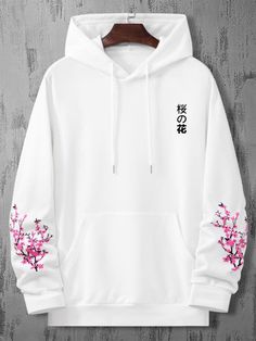 Japanese Hoodies Men, Japanese Hoodie Design, White Hoodie Outfit Men, Floral Streetwear, White Hoodie Outfit, Hoodie Design Ideas, Black And White Hoodies, Street Style Outfits Casual