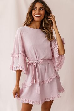 Talitha Waist Tie Lace Trim Dress Blush by Selfie Leslie Blush Dress Outfit, Hot Party Dresses, Trendy Dresses Summer, Billowy Sleeves, Selfie Leslie, Trim Design, Rope Tie, Lace Trim Dress, Casual Day Dresses