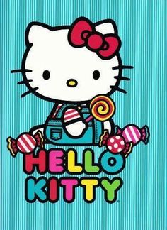 a hello kitty poster with candy and lollipops on the front, says hello kitty