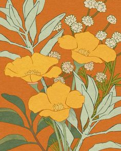 an orange background with yellow flowers and green leaves