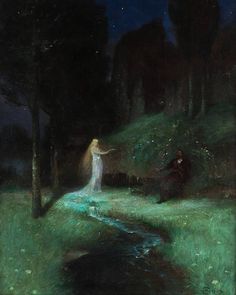 a painting of two people in the woods