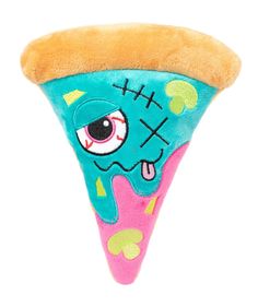 a stuffed toy with an eyeball on it's head and a piece of pizza in the shape of a triangle