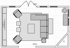 the floor plan for a living room with couches and coffee table, as well as two