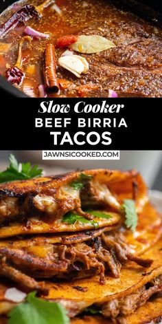 slow cooker beef birra tacos with text overlay