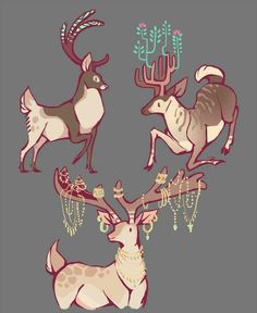 three deers with necklaces on their antlers and cactuses in the background