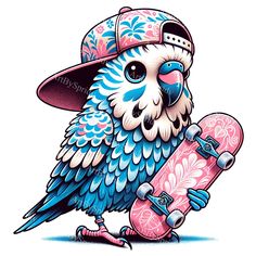 an owl with a hat holding a skateboard