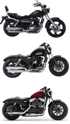 three motorcycles are shown side by side on a white background