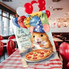 a birthday card with a mouse holding a pizza