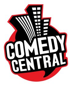 the comedy central logo is shown in blue and yellow, with a tall building behind it