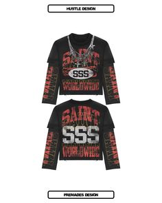 the back and front views of a black shirt with red writing on it, which is also