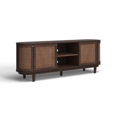 the sideboard is made out of wood and has an open shelf on one end