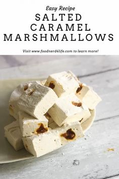 homemade salted caramel marshmallows on a white plate with text overlay