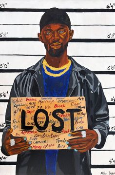 a painting of a man holding a sign that says lost