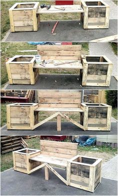 several different pictures of wooden boxes with plants growing out of them and in the middle